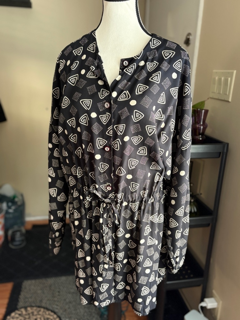 Vintage Geometric Print Dress with Tie Waist Tunic